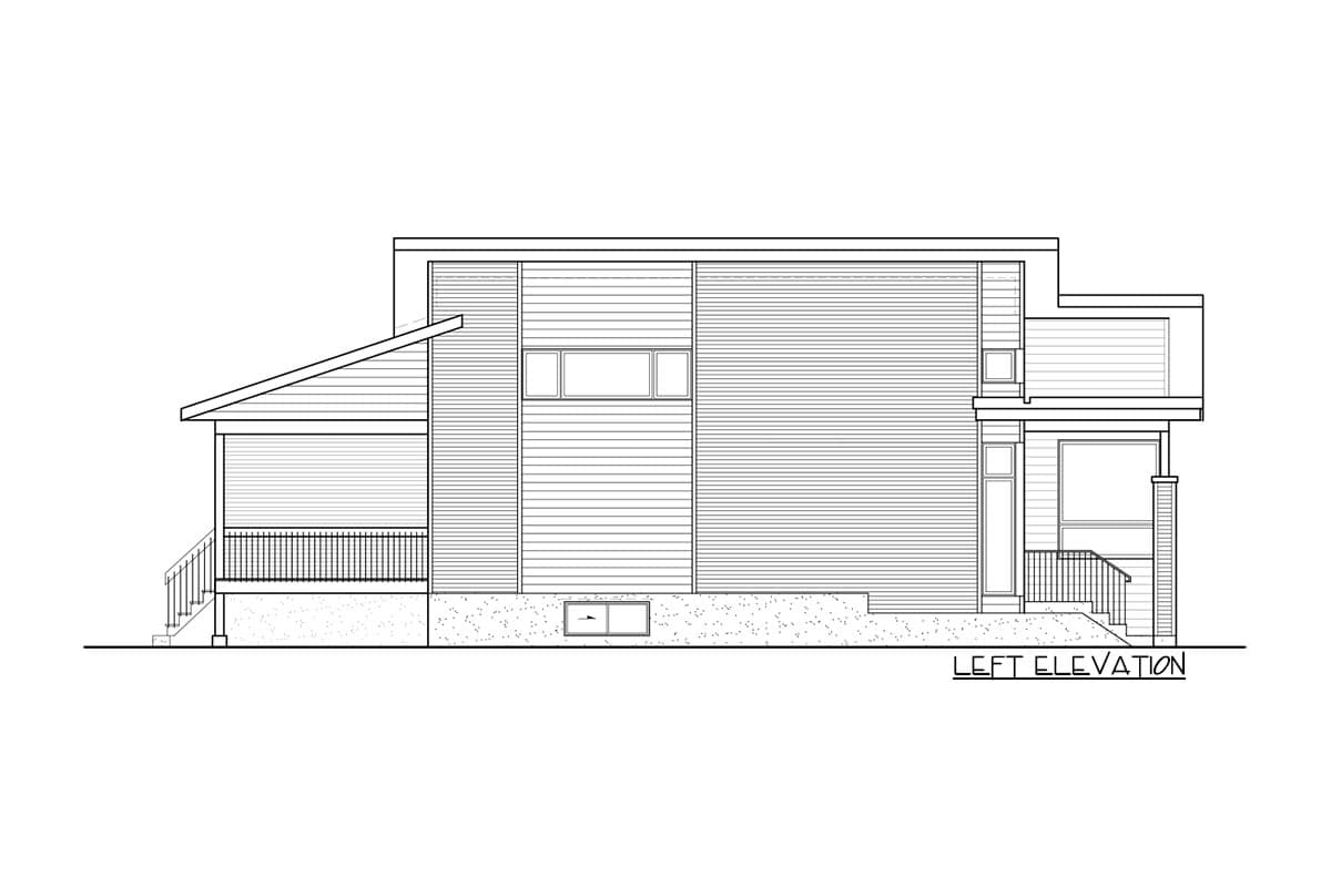 Left elevation of a two-story modern house plan with a covered porch and a second-story balcony.