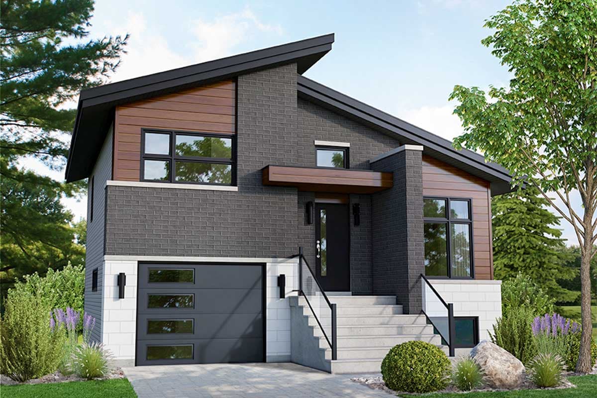 Modern house plan exterior with two stories. Features include a side-entry garage, contrasting textures, and a shed-style roof.