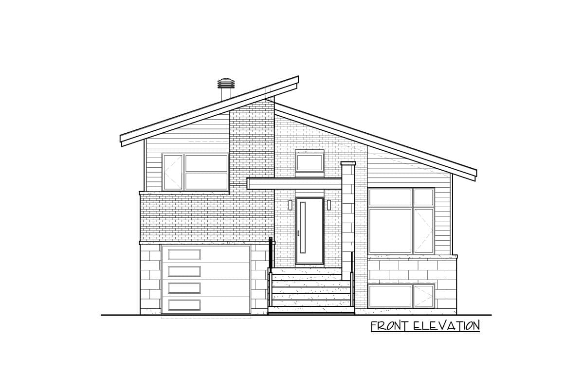 Front elevation drawing of a two-story house with a sloped roof, brick and wood siding, and an attached garage.