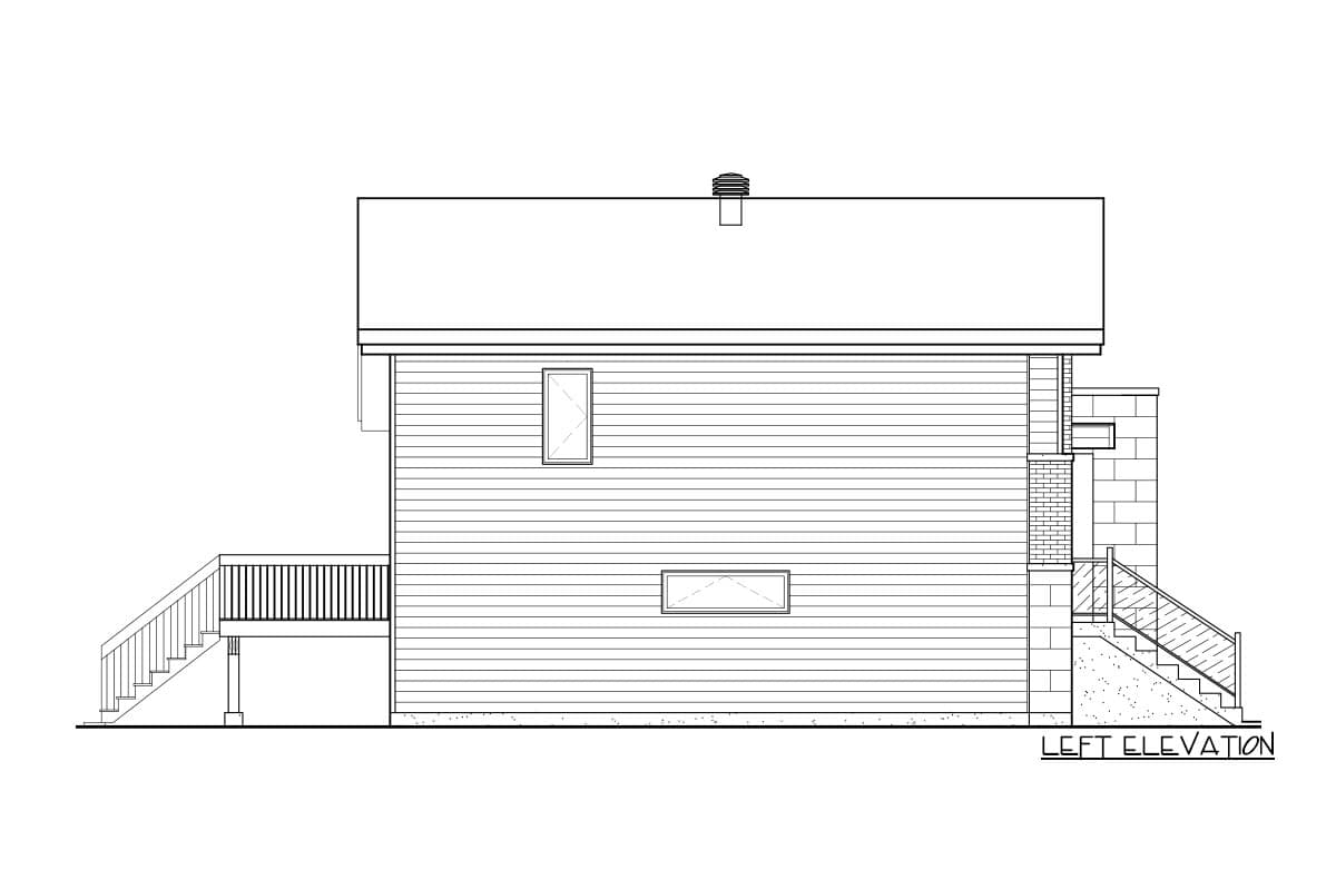 Left elevation drawing of a house plan showing clapboard siding, two windows, a deck with stairs, and a brick chimney.