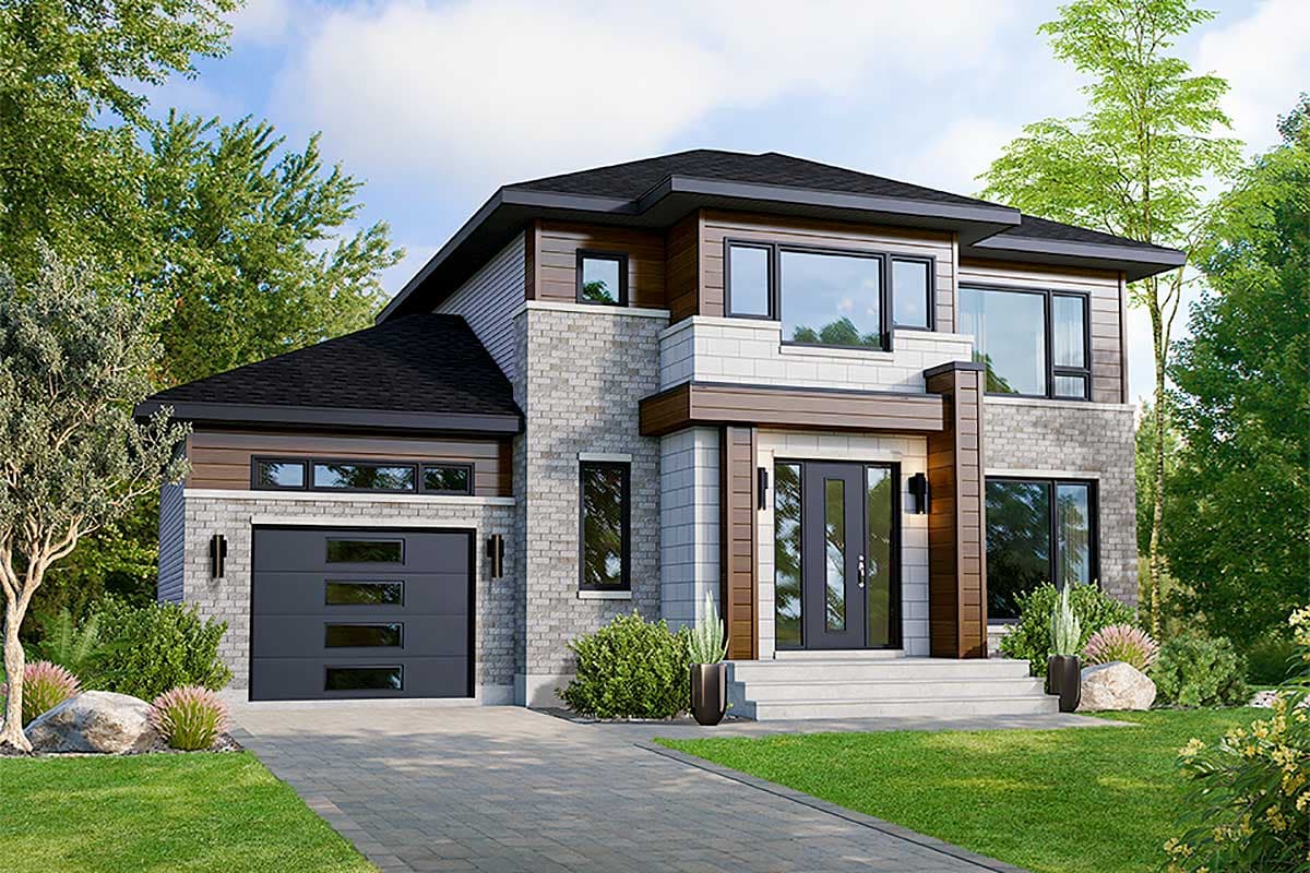 House plan exterior with two stories, flat roof, and brick and wood siding. Features include an attached garage and large, modern windows.