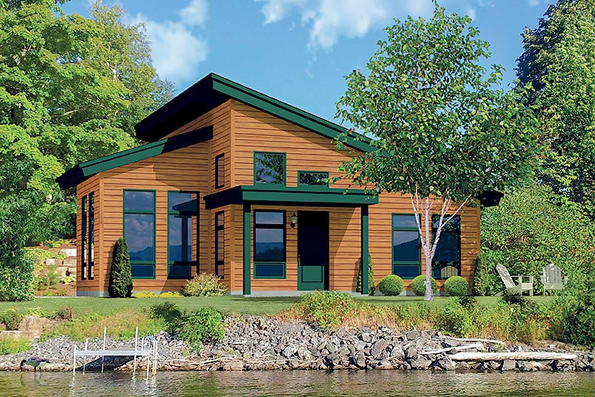 House plan exterior with two stories. Features include a flat roof, a covered porch, and floor-to-ceiling windows. Siding is horizontal wood.