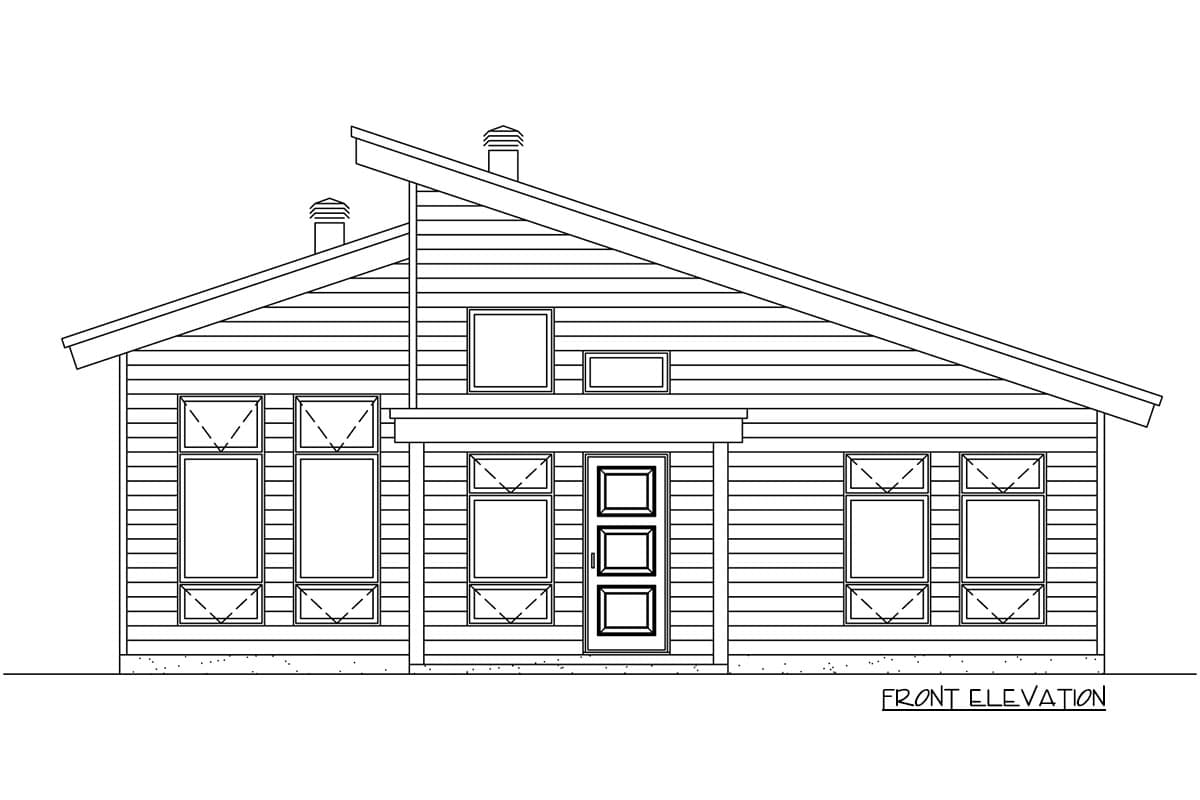 Front elevation of a one-story house plan featuring a prominent asymmetric roofline, a central entrance with a transom, and numerous large windows.