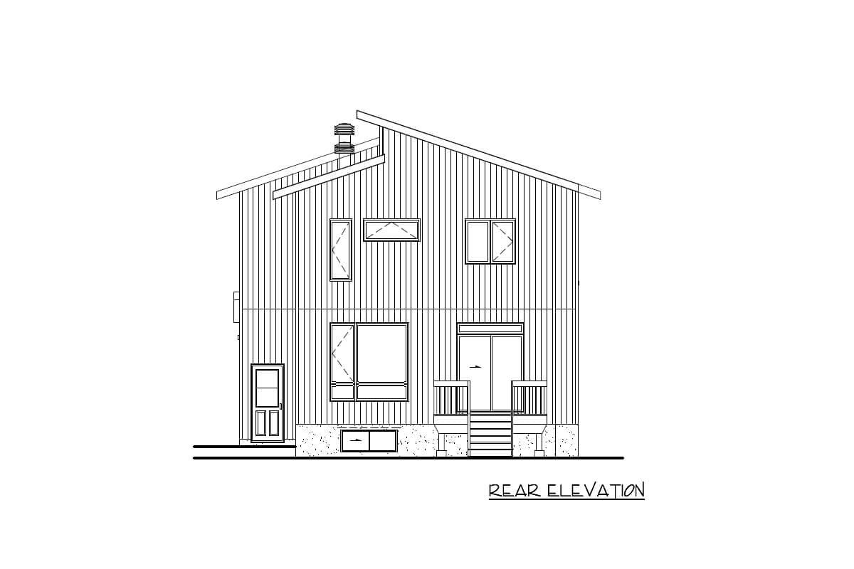 Rear elevation drawing of a two-story house plan with a sloped roof, vertical siding, multiple windows, a door, and a porch.