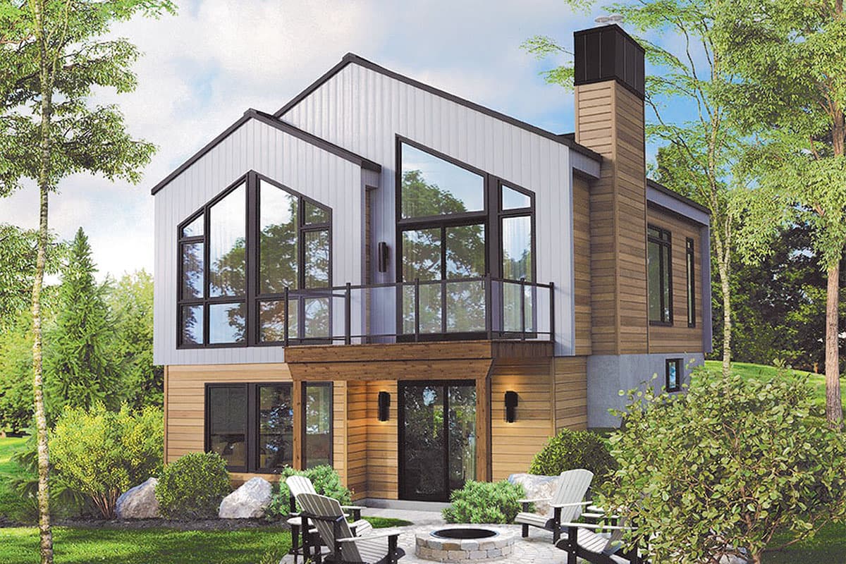 House plan exterior with modern style, two stories, gabled rooflines, large windows, and a second-story balcony.