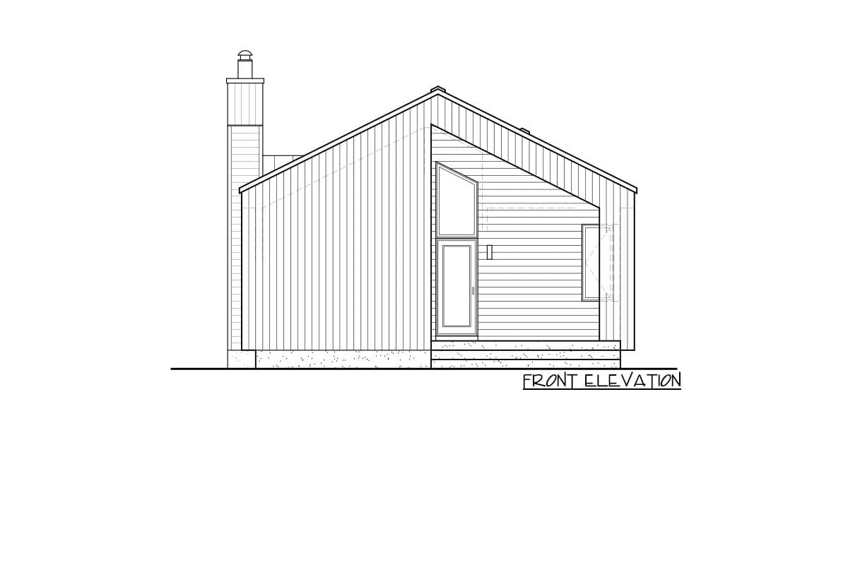Front elevation drawing of a house with a shed roof, vertical siding, entry door, asymmetric windows, and chimney.