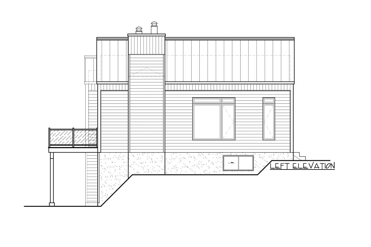 Left elevation drawing of a house plan featuring a deck, lap siding, a metal roof, and multiple window arrangements.