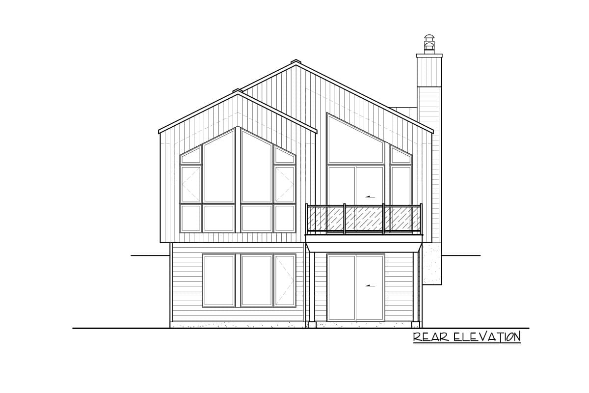 Rear elevation drawing of a modern house plan with multiple gables, large windows, a balcony, and a chimney.