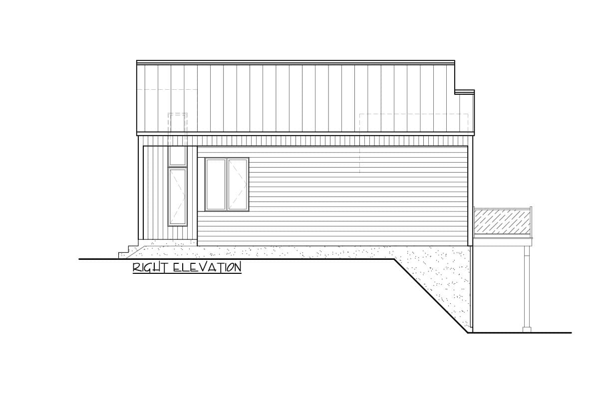 Right elevation house plan drawing showing horizontal siding, two windows, a sloped foundation, and a deck.