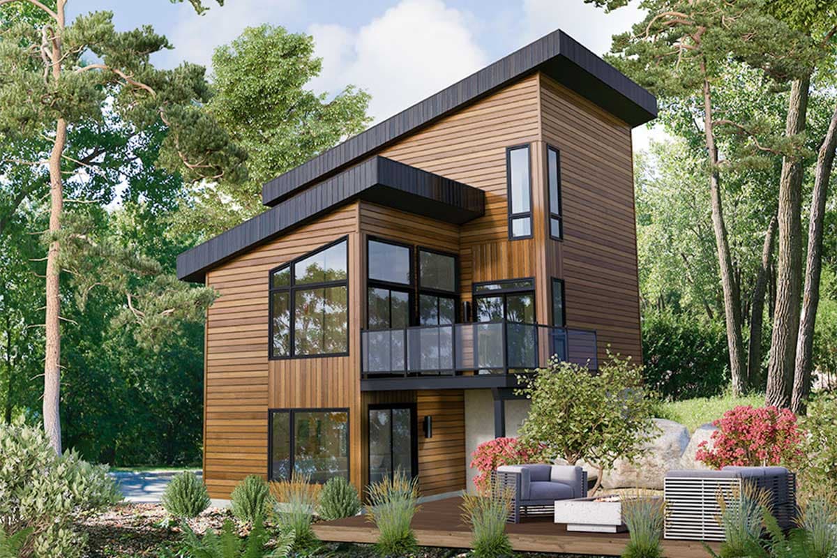 House plan exterior. Modern style, two-story home with flat roof, horizontal wood siding, and glass balcony. Large windows and black trim.
