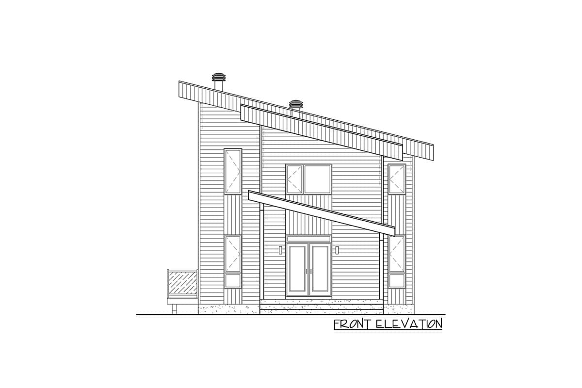 Front elevation drawing of a two-story house with a sloped roof, horizontal siding, and a prominent angled overhang above the double front doors.