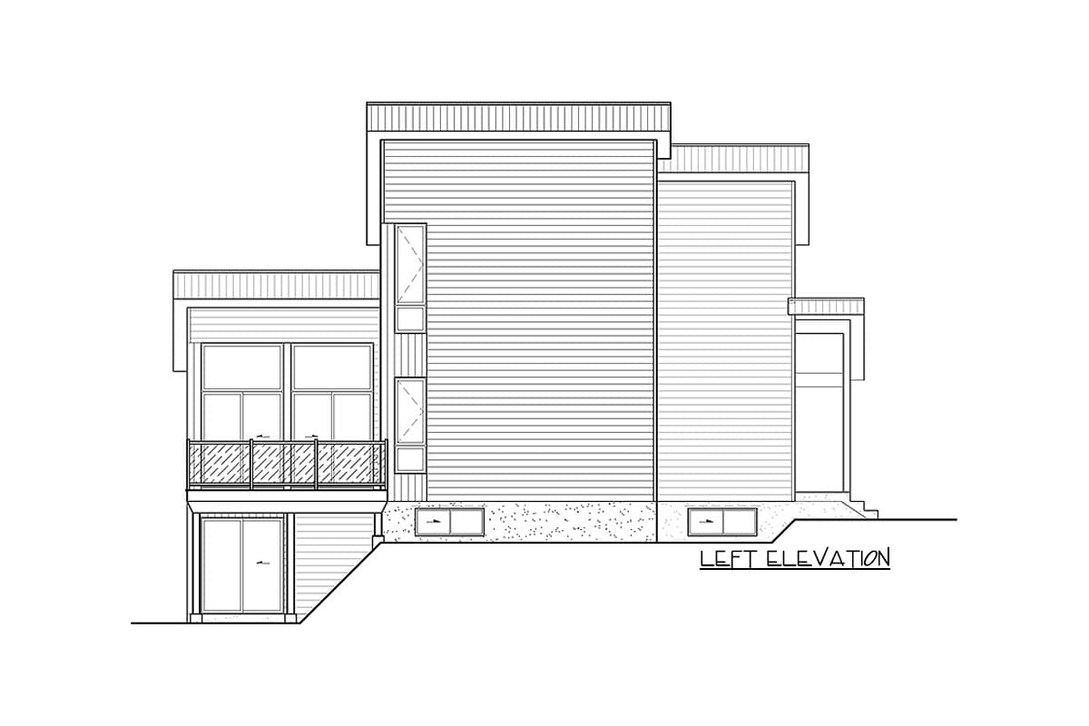 Left elevation of a modern house plan with horizontal siding, multiple levels, a balcony, and large windows.