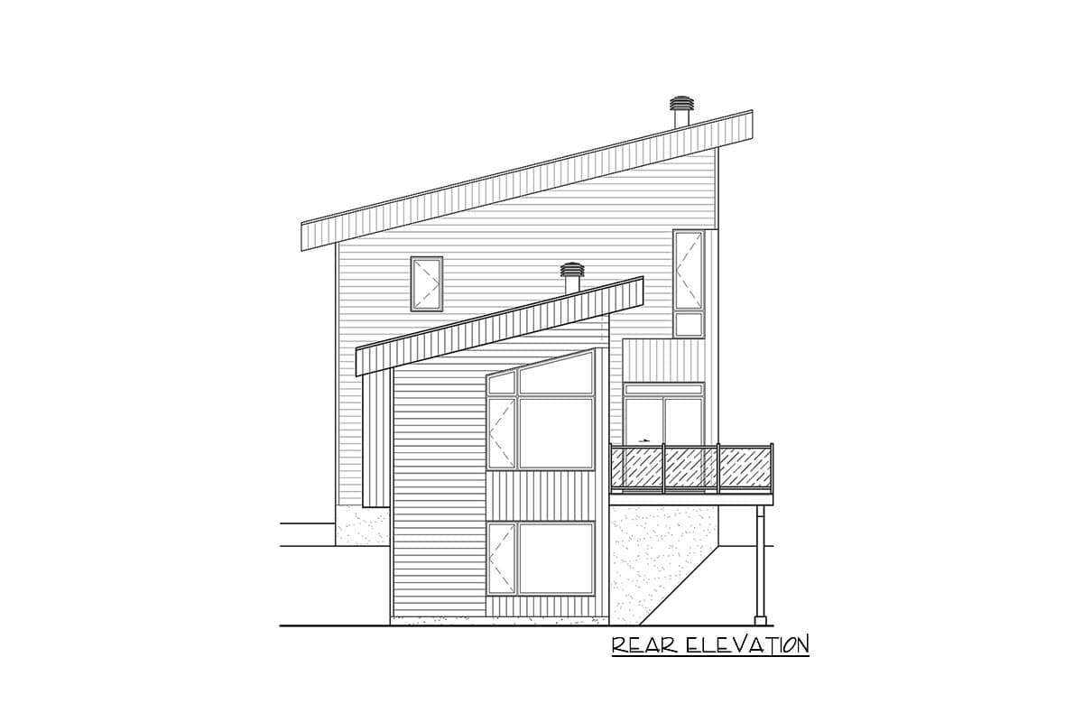 Rear elevation drawing of a modern house plan with a steeply pitched roof, asymmetric windows, and a deck.