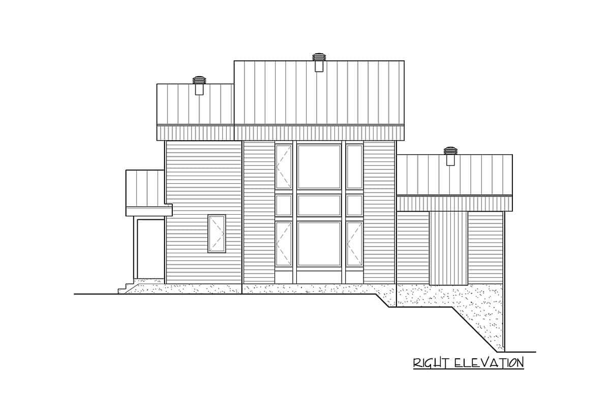 House plan right elevation drawing featuring horizontal siding, a multi-pane window array, and a shed roofline.
