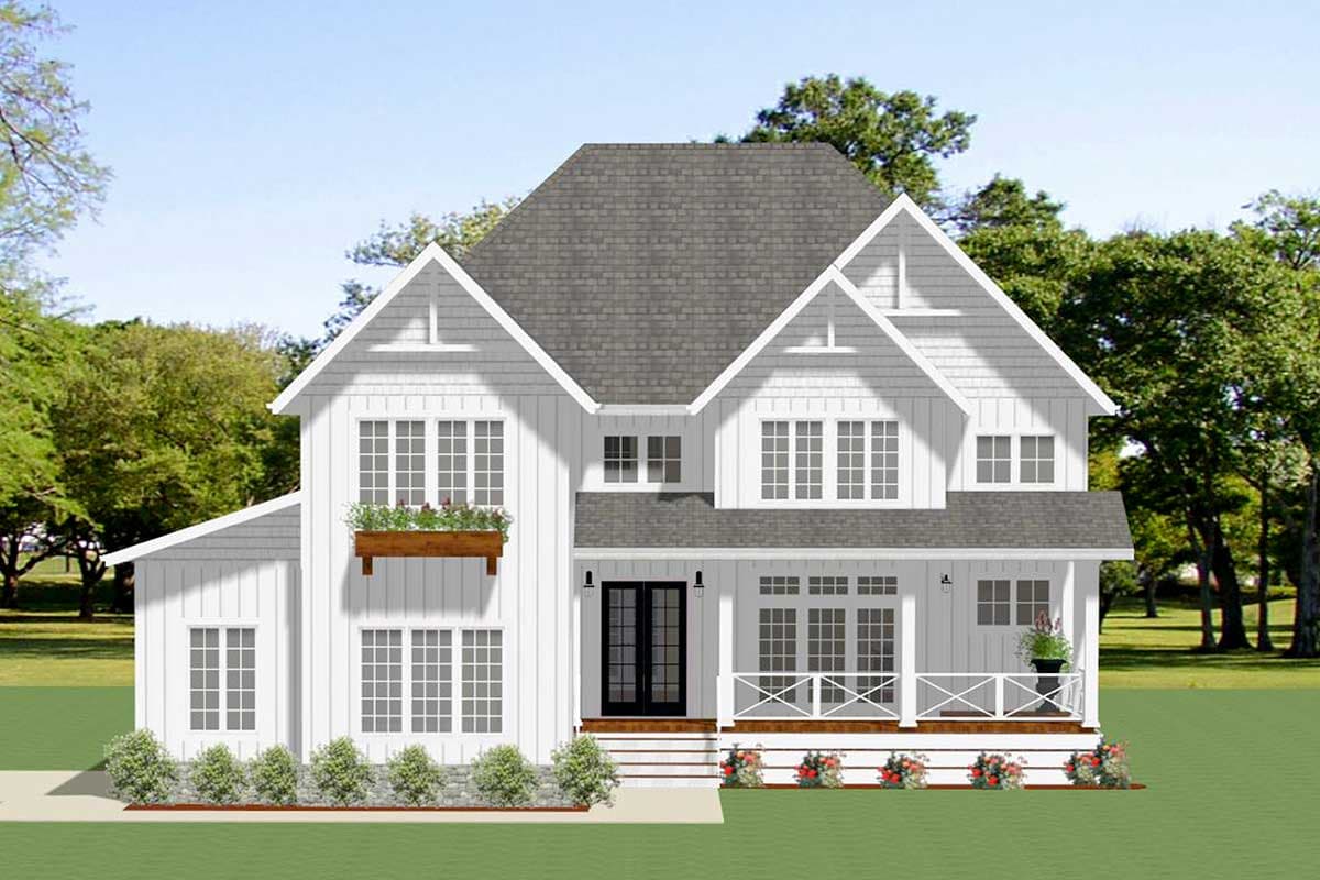 House plan exterior featuring a two-story farmhouse style with a front porch, gables, and multiple windows.