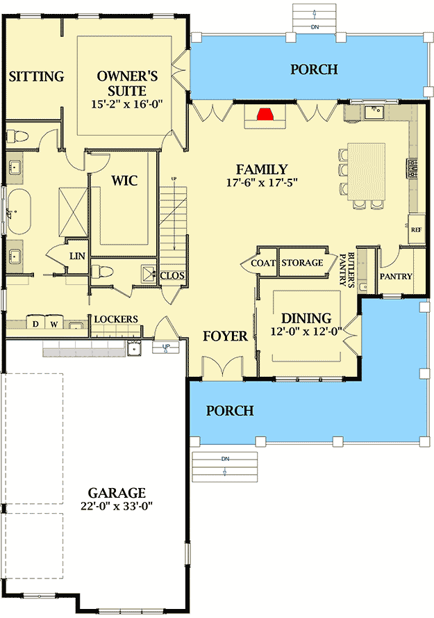 Plan 46361LA: Sophisticated 4-Bed Modern Farmhouse with 2-Story Great Room and 3-Car Garage - Floor Plan - Main Level - Country, Farmhouse
