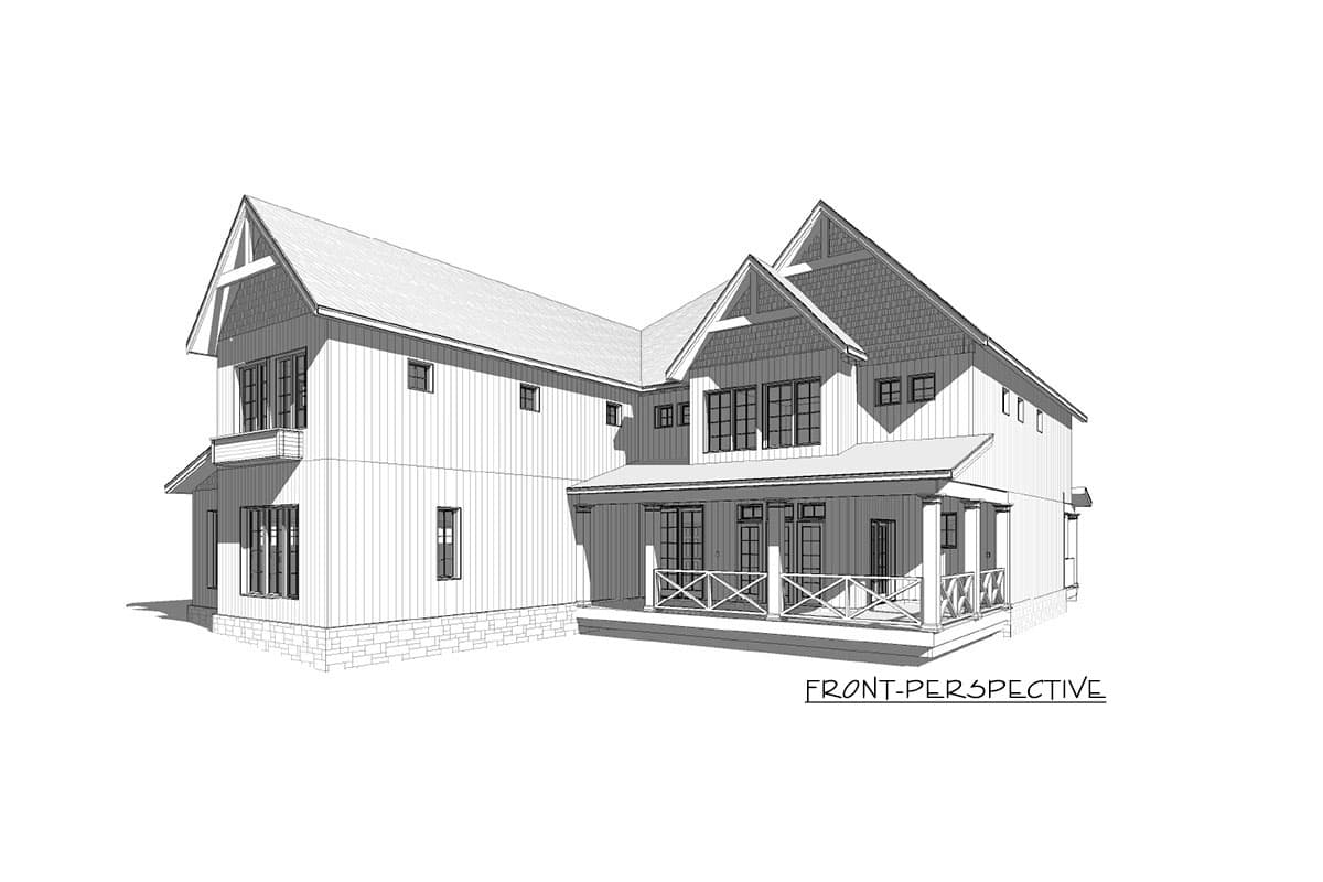 House plan exterior: two-story modern farmhouse with gabled dormers, covered front porch with X-bracing, and stone foundation.