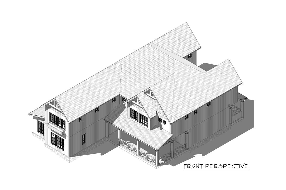 House plan exterior drawing of a two-story home with multiple gables, a wrap-around porch, and board and batten siding.