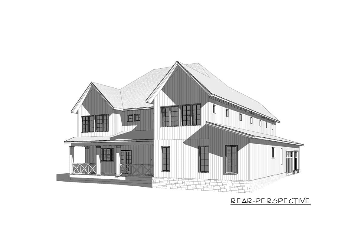 House plan rear perspective showing a two-story home with a porch, gables, and stone foundation.