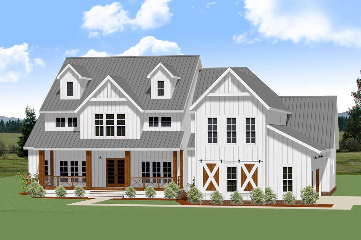 House plan exterior. Two-story Modern Farmhouse with a front porch, dormers, and a metal gable roof. Features barn-style doors on the side.