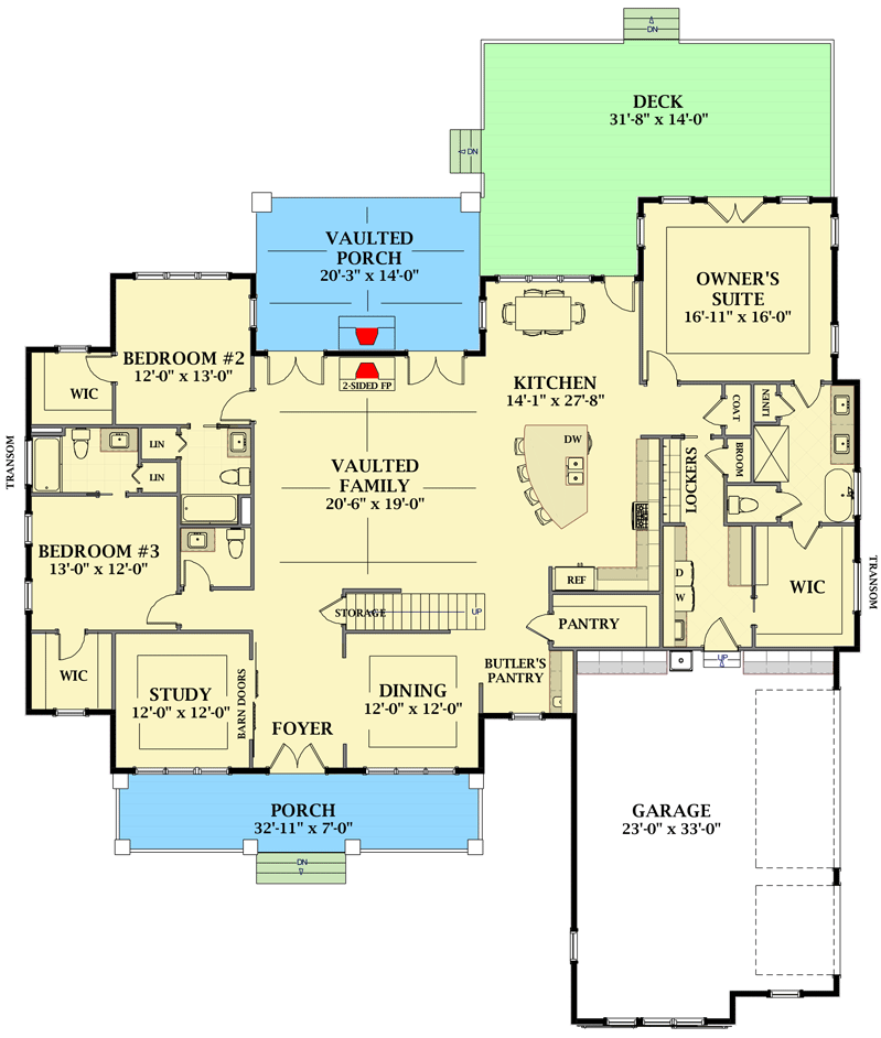 Plan 46363LA: Ideal 4-Bedroom Farmhouse Plan with Vaulted Ceiling and Main-Level Master - Floor Plan - Main Level - Country, Farmhouse, Modern Farmhouse, New American, Traditional