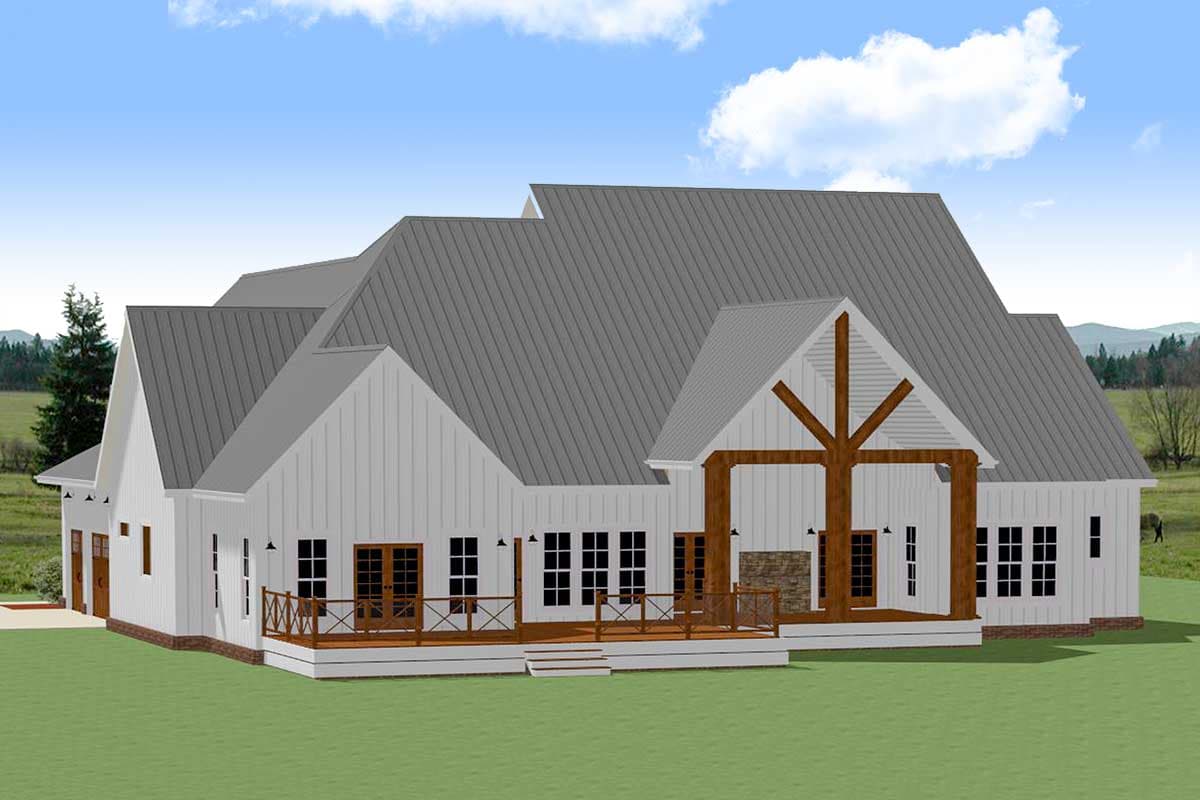 Modern Farmhouse house plan exterior with metal roof, board and batten siding, covered porch with exposed beams, and deck.