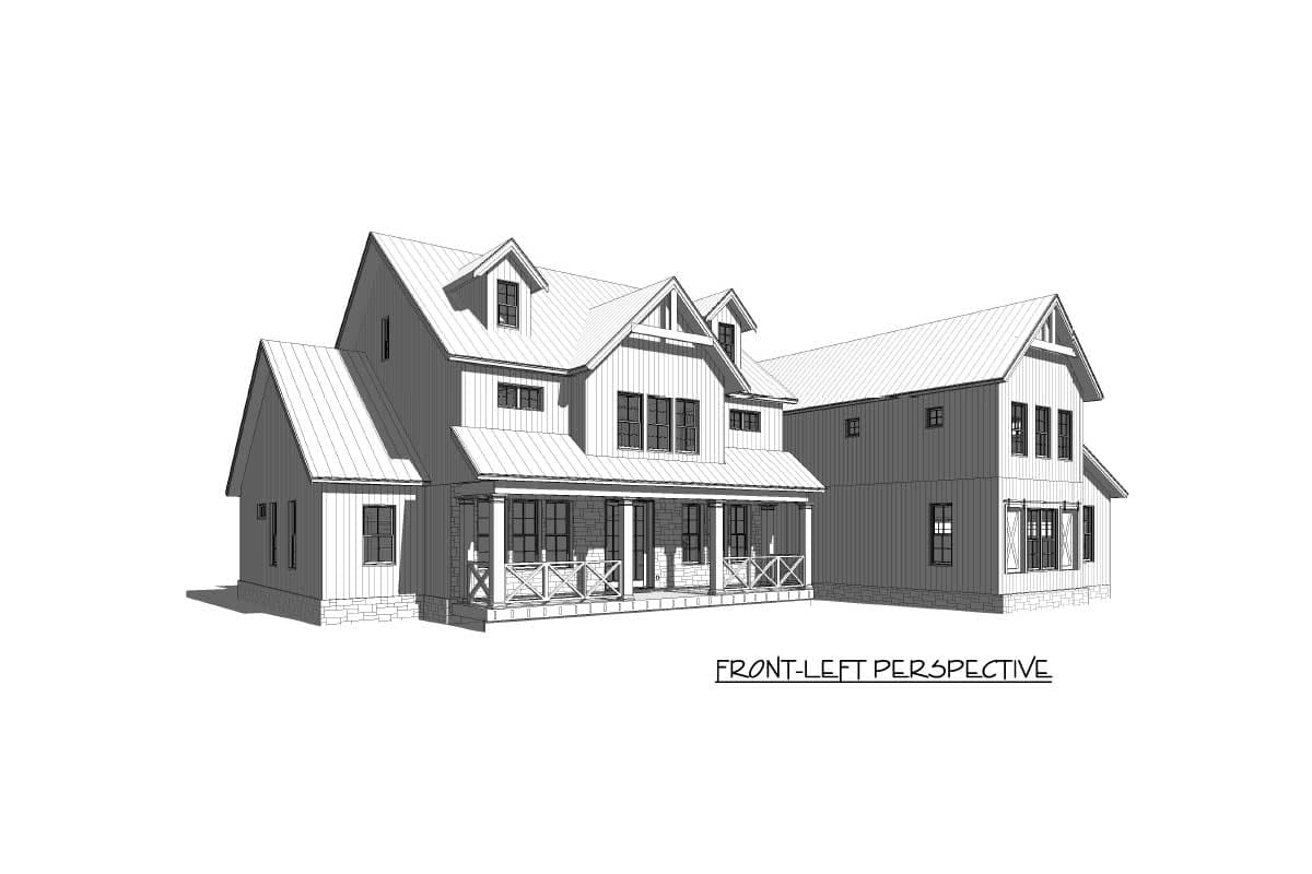 Modern Farmhouse house plan exterior with covered front porch, board and batten siding, and gabled dormers.