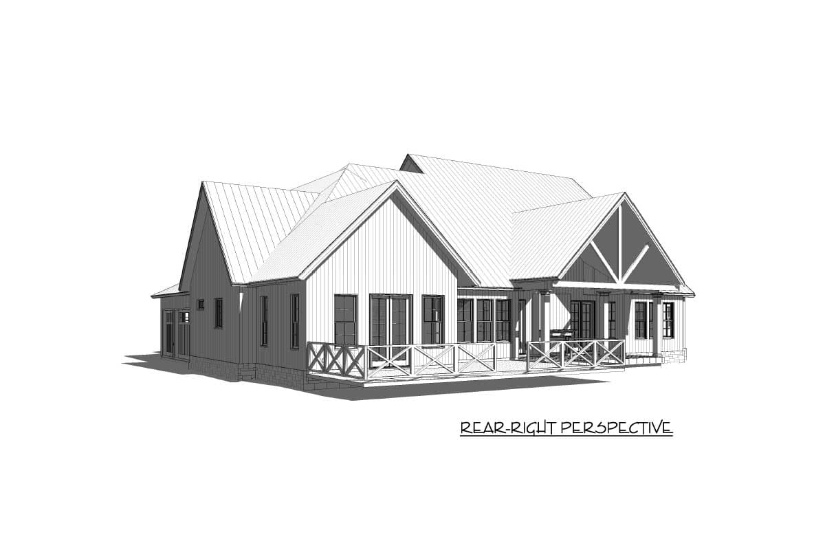 House plan exterior, one-story, Modern Farmhouse style, featuring a gabled roof, front porch, and metal roofing.