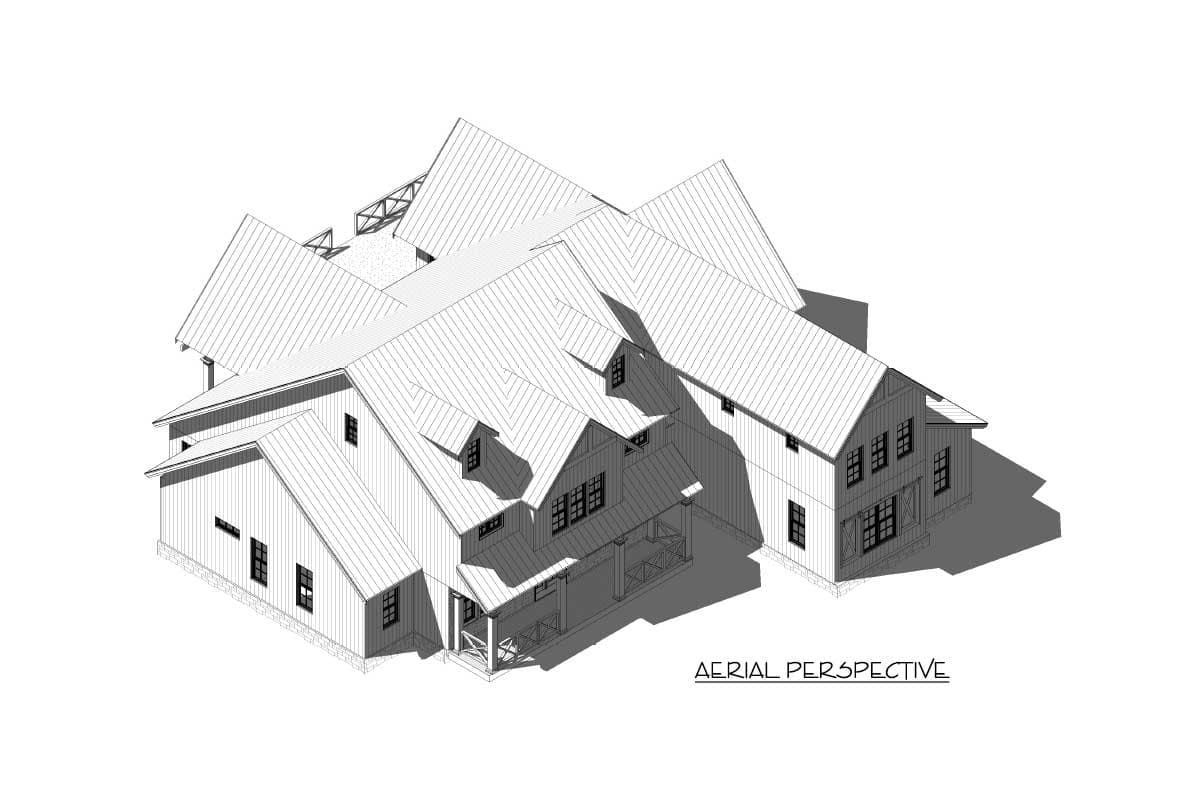 House plan exterior aerial perspective with multiple gables, dormers, and a wraparound porch.