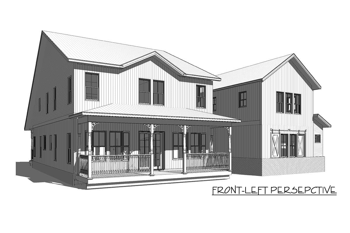 House plan exterior, two stories, front porch with decorative supports, board-and-batten siding, gabled rooflines, prominent dormer.