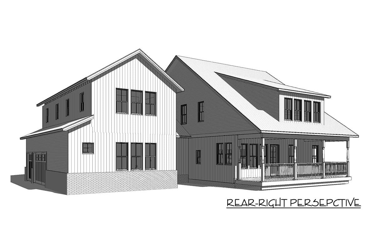 House plan exterior rendering from rear-right perspective showing a two-story Modern Farmhouse with a wrap-around porch and attached garage.