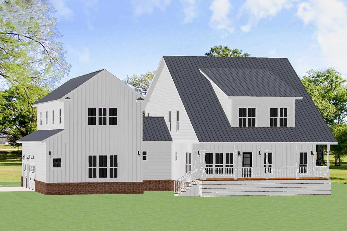 Modern Farmhouse house plan exterior, two stories, white board and batten siding, metal roof, large wraparound porch, and attached garage.