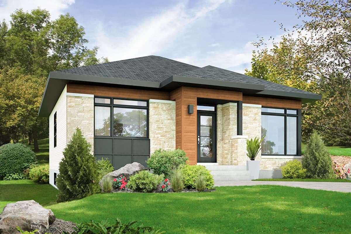 House plan exterior. Modern style, single-story home with flat roof, recessed entry, and stone veneer accents.