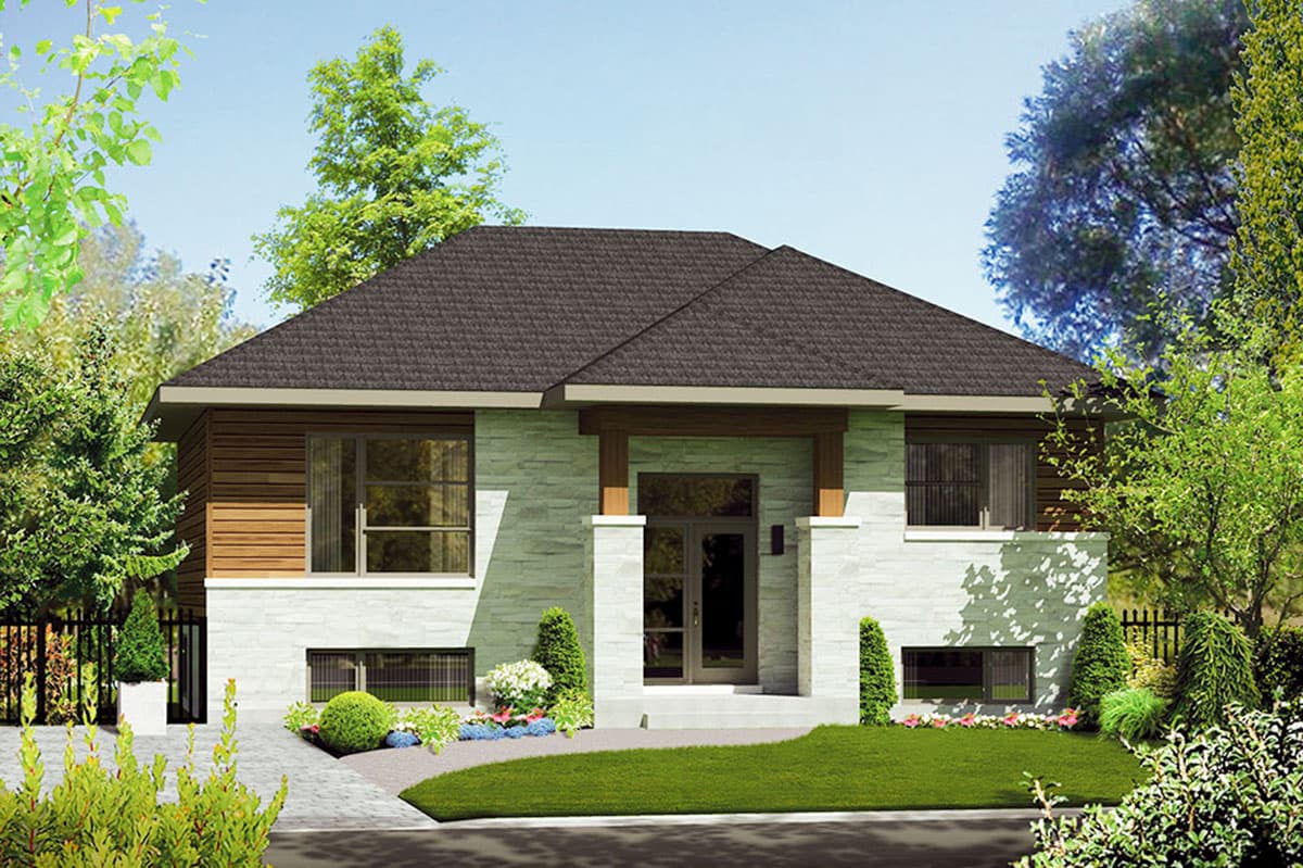 House plan exterior with modern design. Features include a low-pitched roof, stone veneer, and wood accents. Single-story with a covered entry.