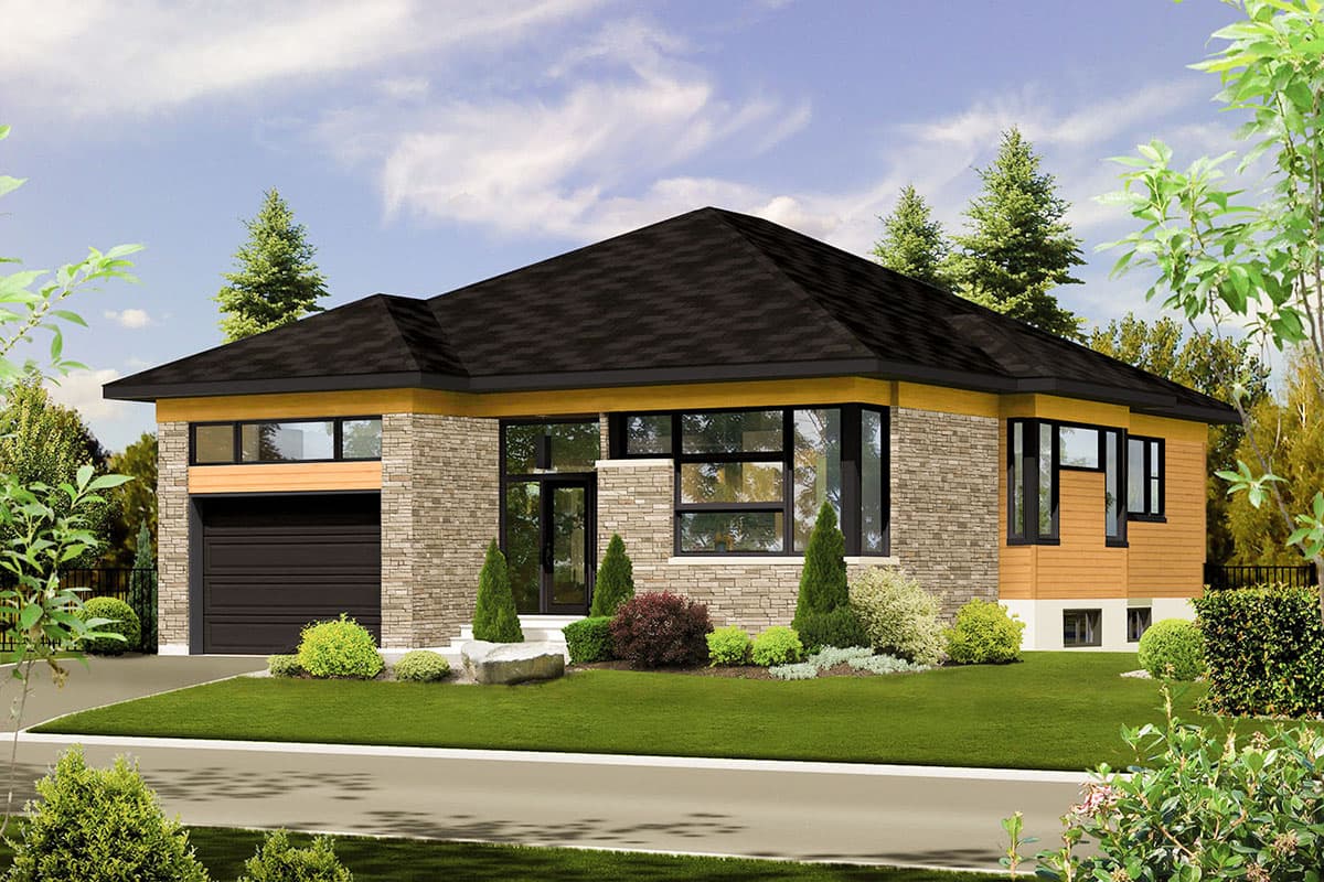 House plan exterior. Modern style, single-story home. Features include a side-entry garage, low-slope roof, and large windows with black trim.