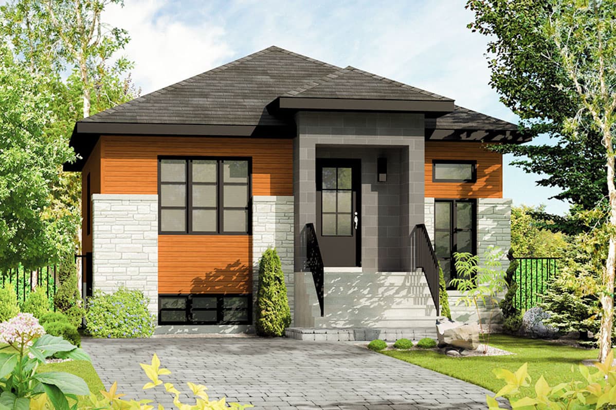 House plan exterior. Modern style, one-story house with a flat roof and a recessed entry. Features include wood siding and stone accents.