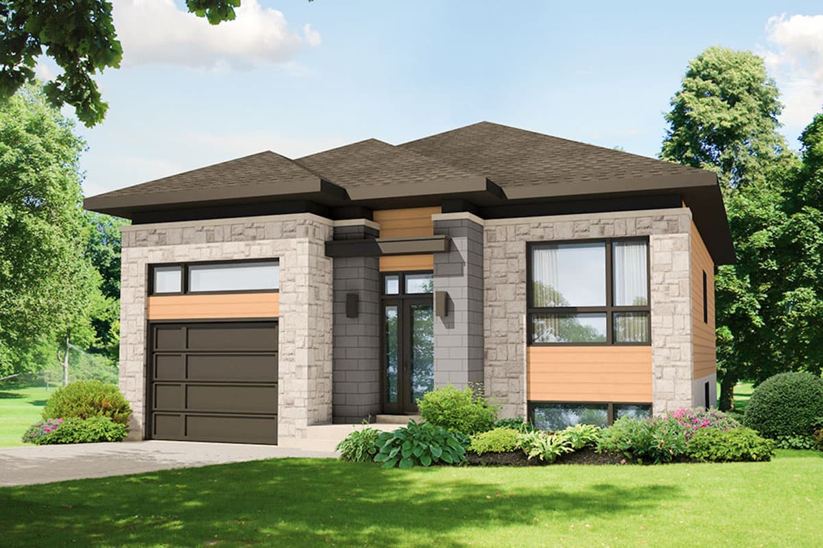 House plan exterior. Modern style, single story home with flat roof, attached garage, and stone facade with wood accents.