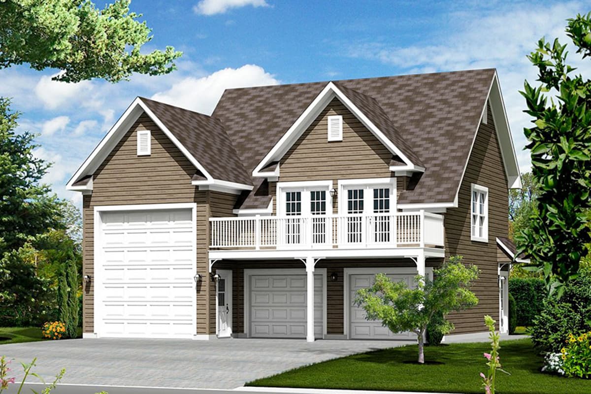 House plan exterior with two stories and Craftsman style. Features include a covered balcony, gable roof, and two-car garage.