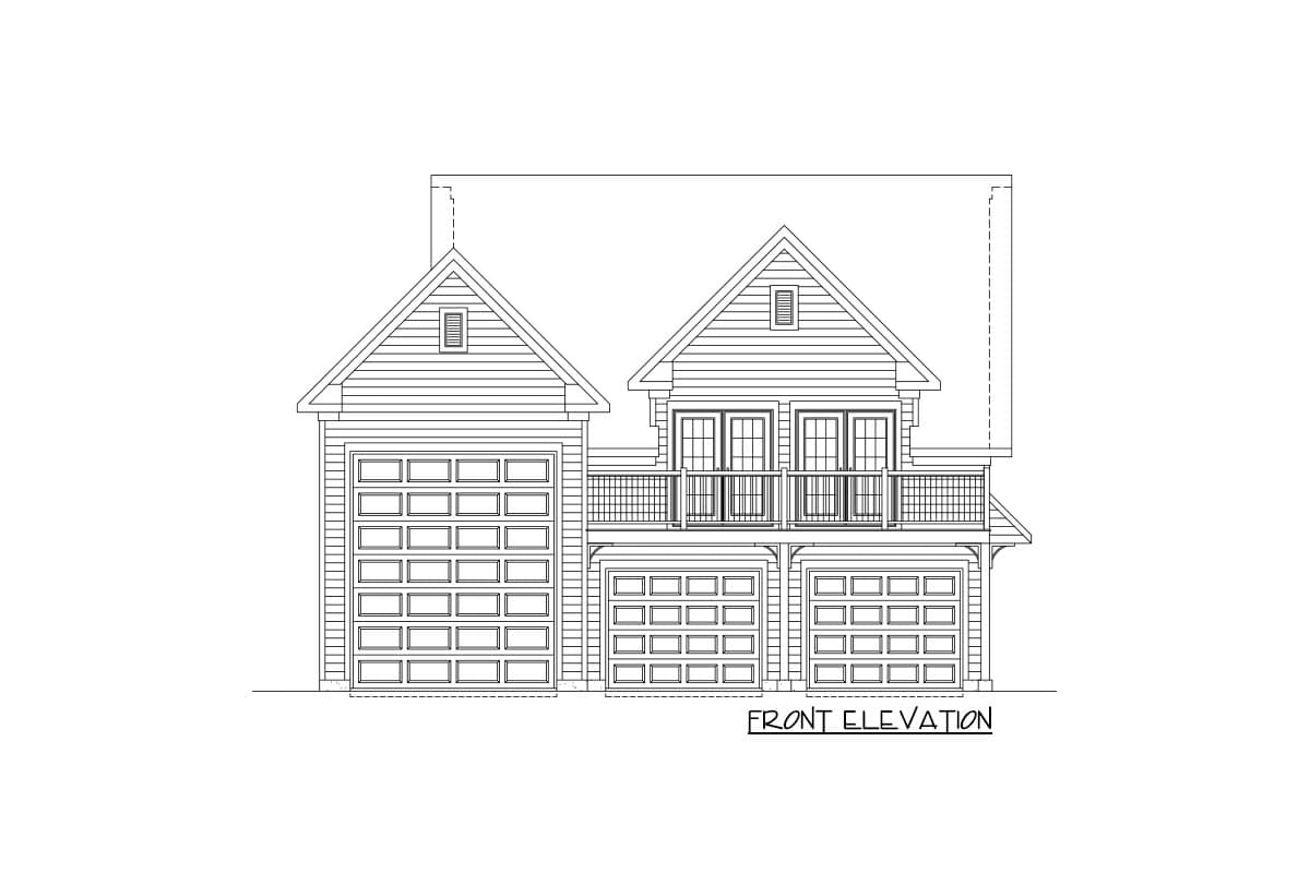 Front elevation drawing of a house plan with a one-car garage on the left and a two-car garage below a two-story section with a balcony.