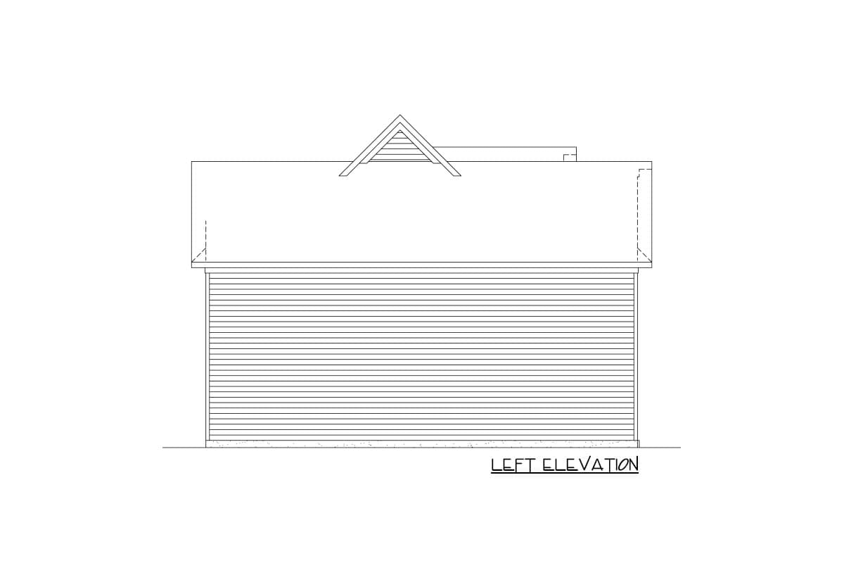 Left elevation drawing of a house plan showing a gable roofline and horizontal siding.