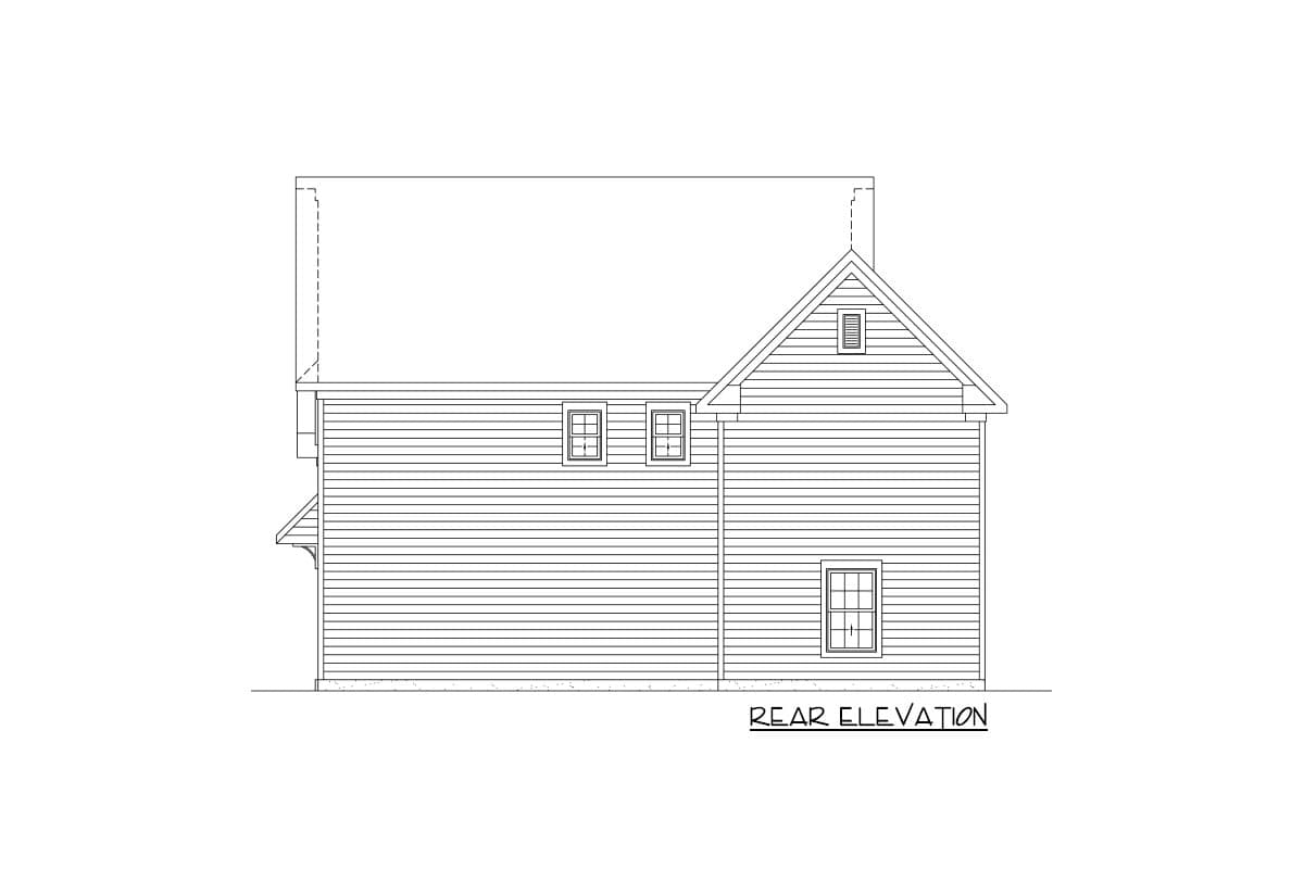 Rear elevation drawing of a two-story house plan with horizontal siding, a gable end, and multiple windows.