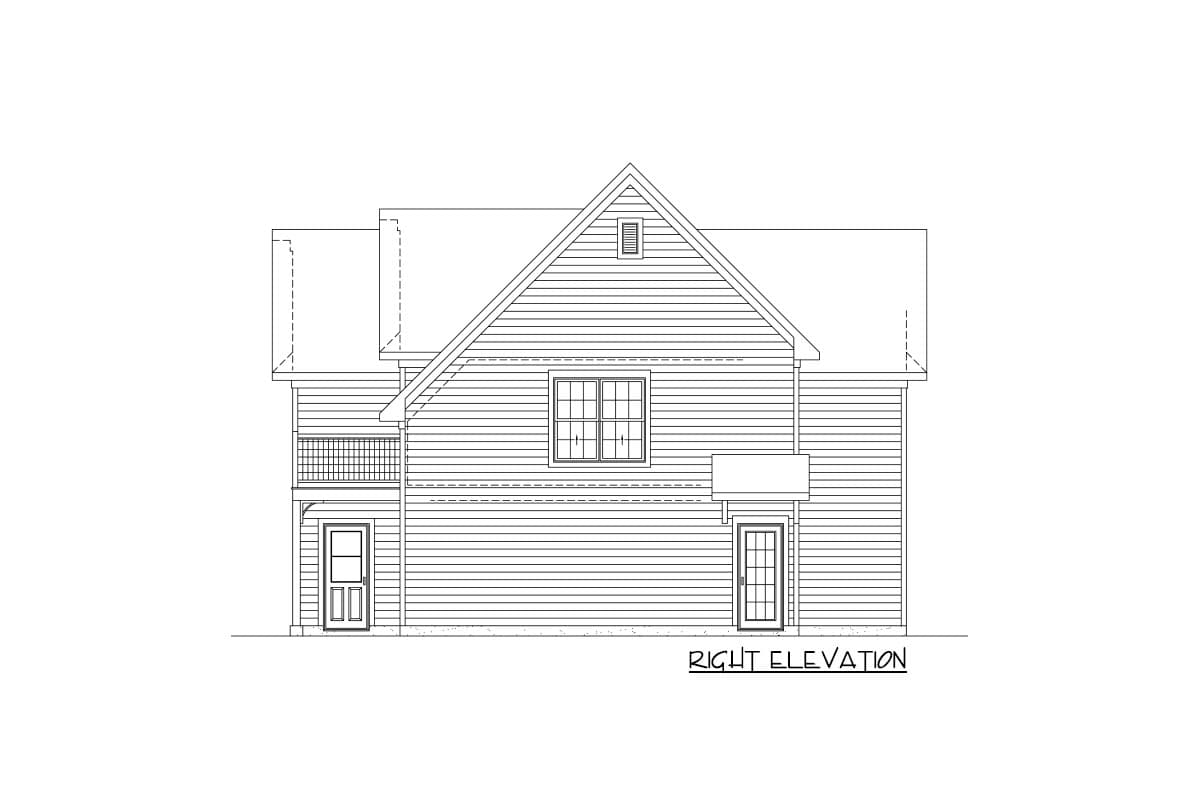 Right elevation house plan drawing featuring a gable roof, dormer, balcony, and two doors.