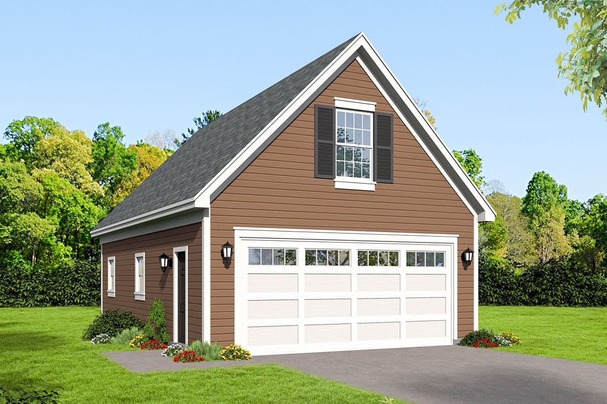 House plan exterior: One-story garage with a gable roof, double garage door with windows, and a dormer window with shutters.