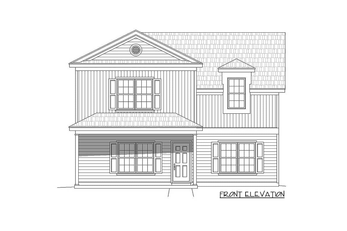 Front elevation house plan for a two-story home with a covered porch, prominent gable, and dormer window.