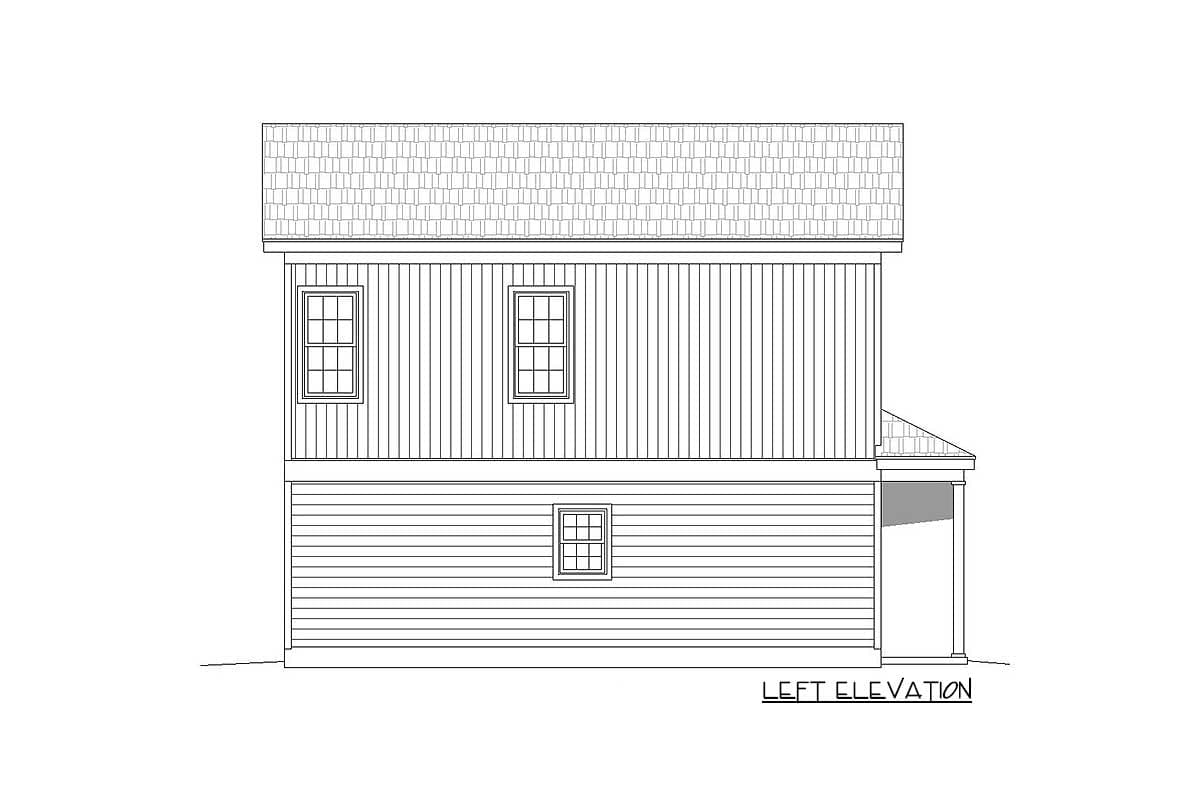 Left elevation house plan drawing showing two stories, vertical siding, clapboard siding, three windows, and a small covered porch.
