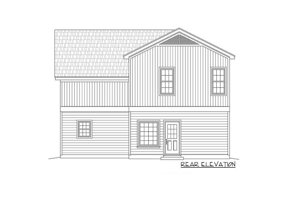Rear elevation drawing of a two-story house plan with a gable roof, double-hung windows, and a front-facing door.