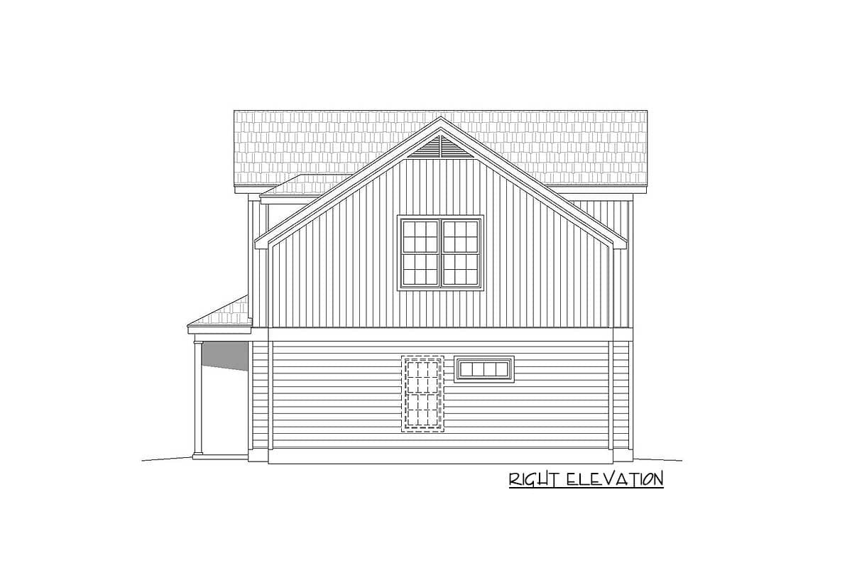 House plan right elevation showing a gable roof, board and batten siding, a double-hung window, and a small horizontal window.