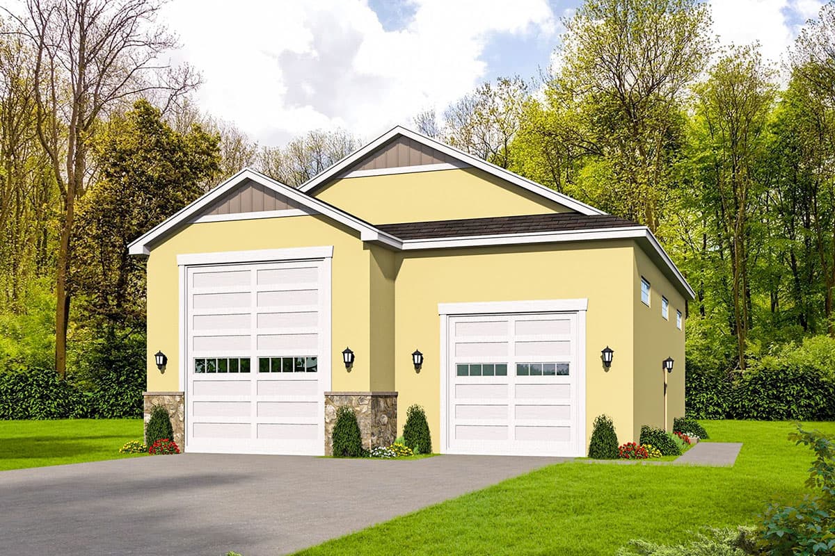 House plan exterior. Two-story structure with two garage doors and gabled roofline. Features include stone accents and carriage-style lamps.