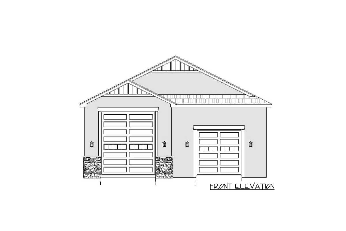 Front elevation drawing of a house plan with a two-car garage and a single-car garage, featuring stone accents.