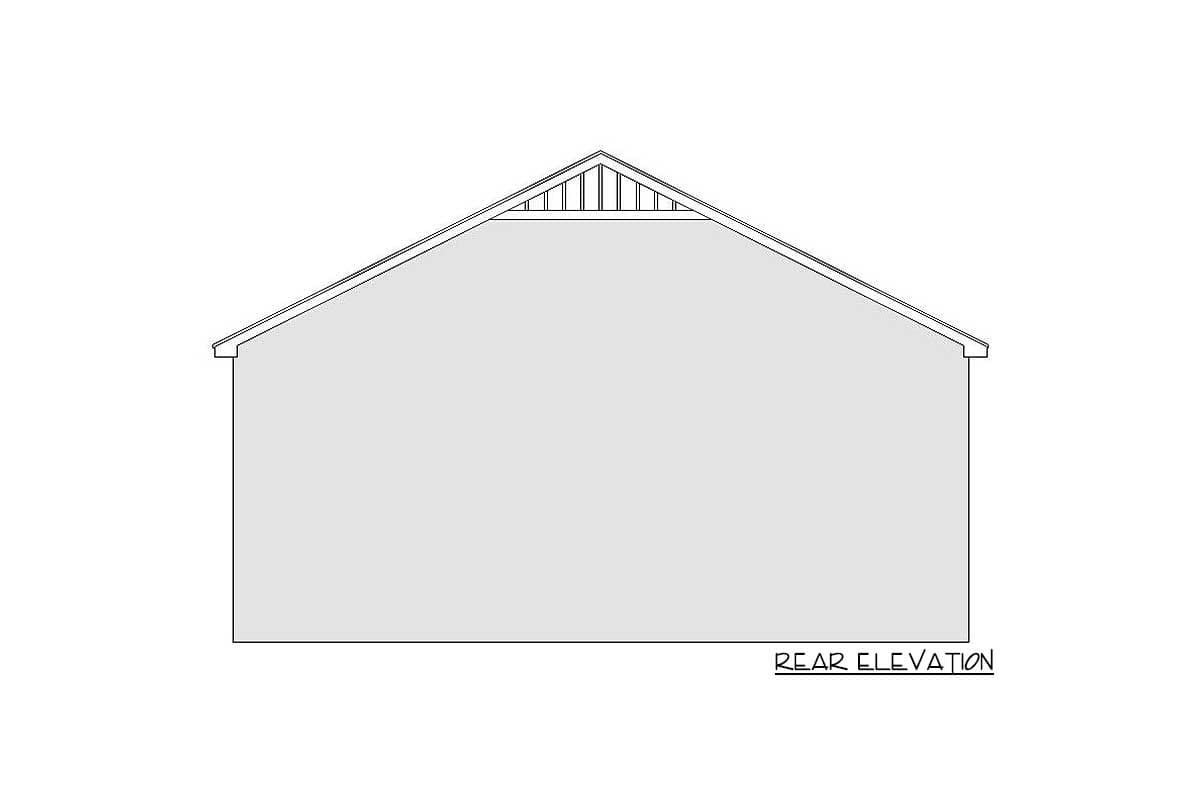 Rear elevation drawing of a house plan, showing a gable roof with exposed rafter tails and a decorative gable vent.